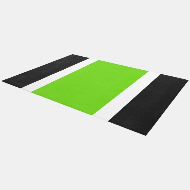 Wide Bright Lime Black White Sporty Racing Stripes Outdoor Rug (Angled)