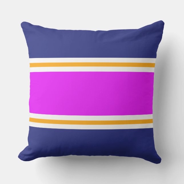 Wide Bright Pink Orange White Navy Racing Stripes Outdoor Pillow (Front)