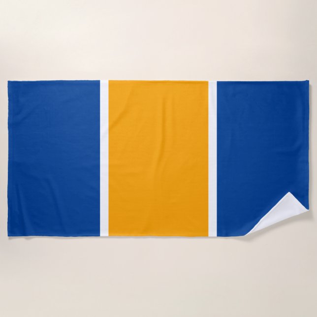 Wide Bright Yellow Royal Blue White Racing Stripes Beach Towel (Front)