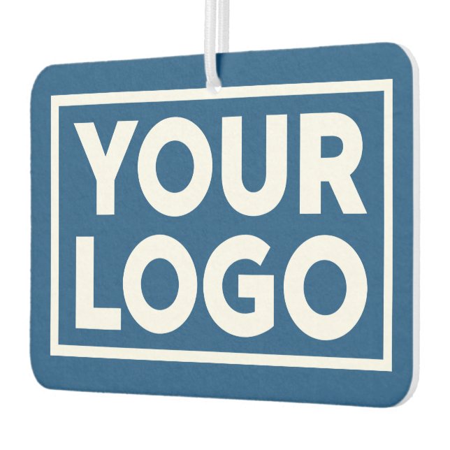 Wide Business Logo and Custom Text on Blue Air Freshener (Left)