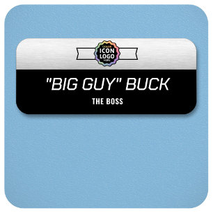 Wide Color Logo Brushed Silver Black Employee ID Name Tag