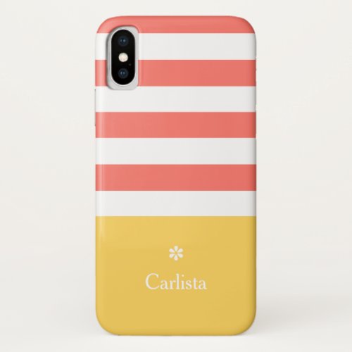 Wide Coral Horizontal Stripes Yellow Name Daisy iPhone X Case