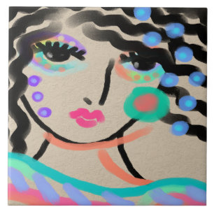 Wide Eyed Abstract Digital Portrait of a Woman Ceramic Tile
