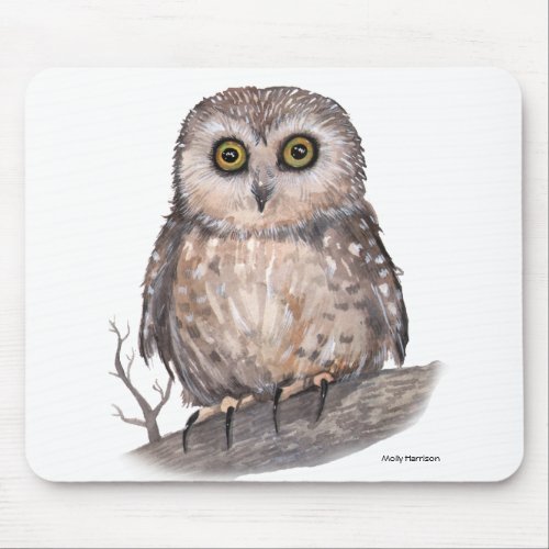 Wide Eyed Owl Wildlife Watercolor Art Mouse Pad