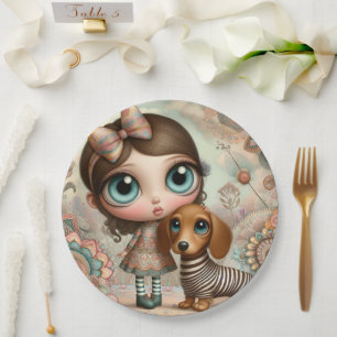Wide Eyed Primitive Girl with dog Paper Plates