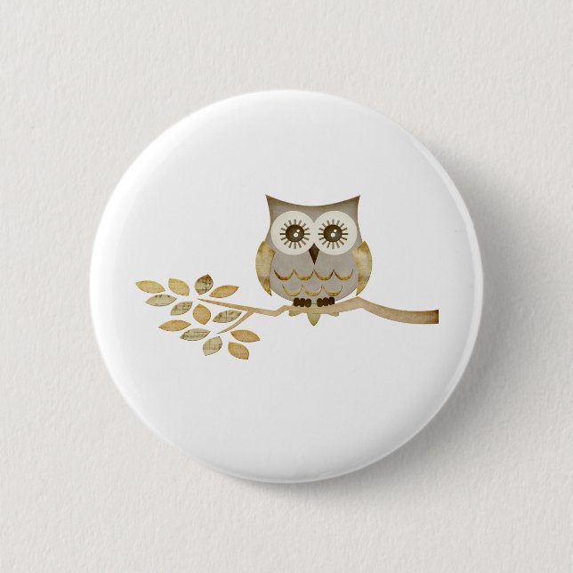 Wide Eyes Owl in Tree Button (Front)