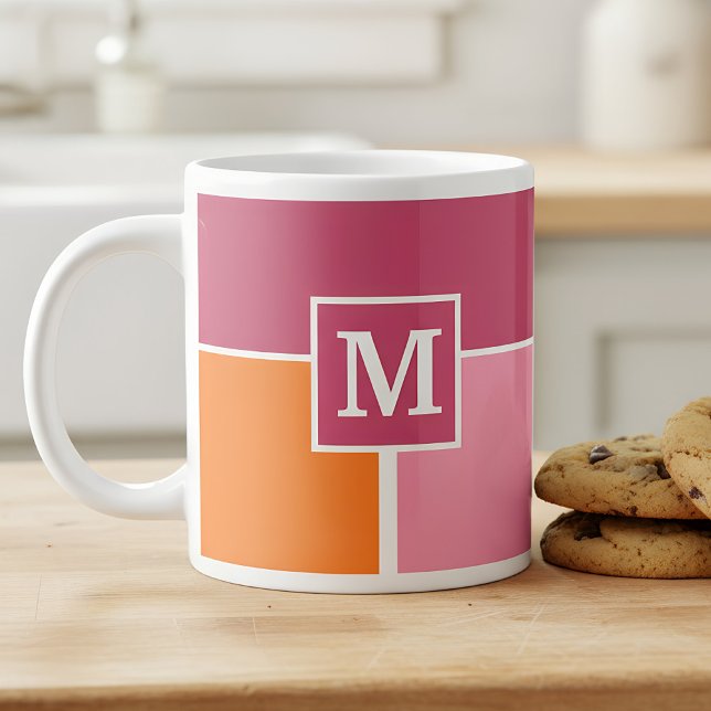 Wide Feminine Stripes with Monogram Giant Coffee Mug (mug with monogram in pink and orange)