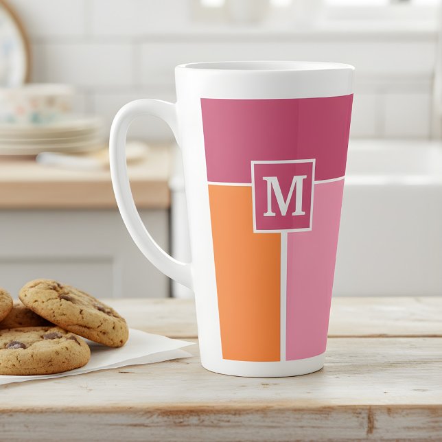 Wide Feminine Stripes with Monogram Latte Mug (pink orange latte mug with monogram)