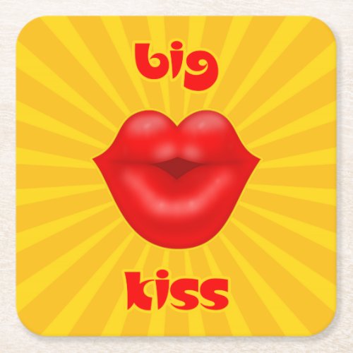 Wide Golden Solar Rays Red lips big kiss Square Paper Coaster