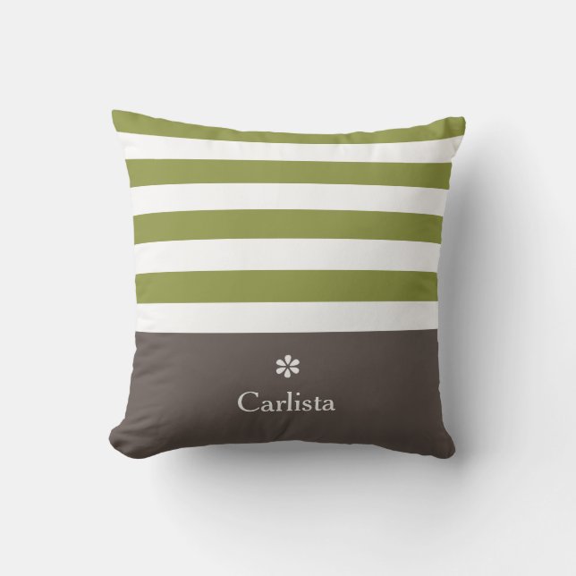 Wide Green Horizontal Stripes Brown Name Daisy Throw Pillow (Front)