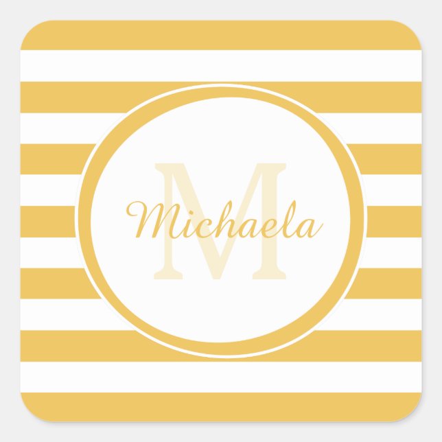 Wide Horizontal Yellow Stripe Personalized Name Square Sticker (Front)