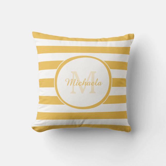 Wide Horizontal Yellow Stripe Personalized Name Throw Pillow (Front)