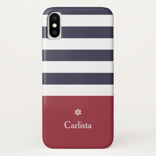 Wide Navy Blue Horizontal Stripes Red Name Daisy iPhone X Case