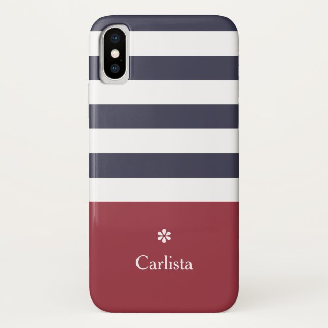 Wide Navy Blue Horizontal Stripes Red Name Daisy Case-Mate iPhone Case (Back)