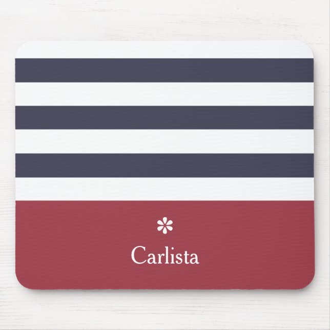 Wide Navy Blue Horizontal Stripes Red Name Daisy Mouse Pad (Front)