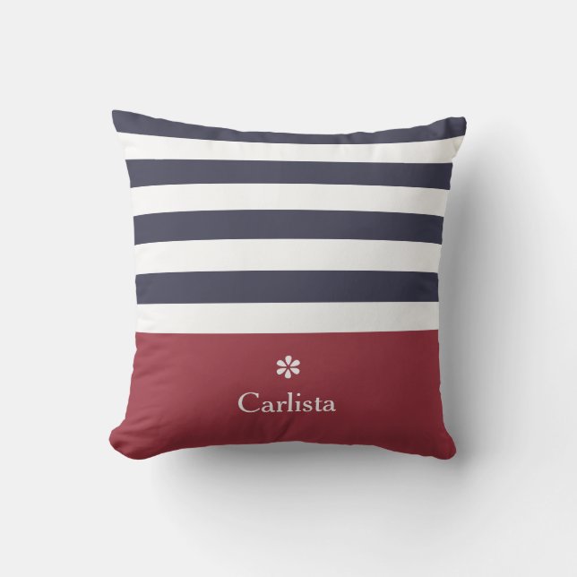 Wide Navy Blue Horizontal Stripes Red Name Daisy Throw Pillow (Front)
