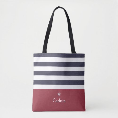 Wide Navy Blue Horizontal Stripes Red Name Daisy Tote Bag