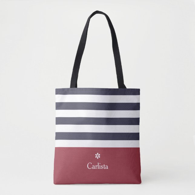 Wide Navy Blue Horizontal Stripes Red Name Daisy Tote Bag (Front)