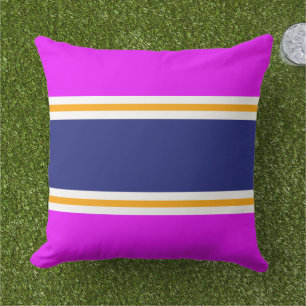 Wide Navy Yellow White Stripes On Tropical Pink Outdoor Pillow