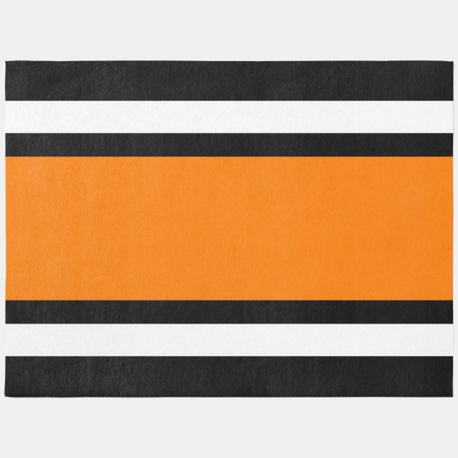 Wide Orange White Racing Stripes On Bold Black Outdoor Rug (Front)