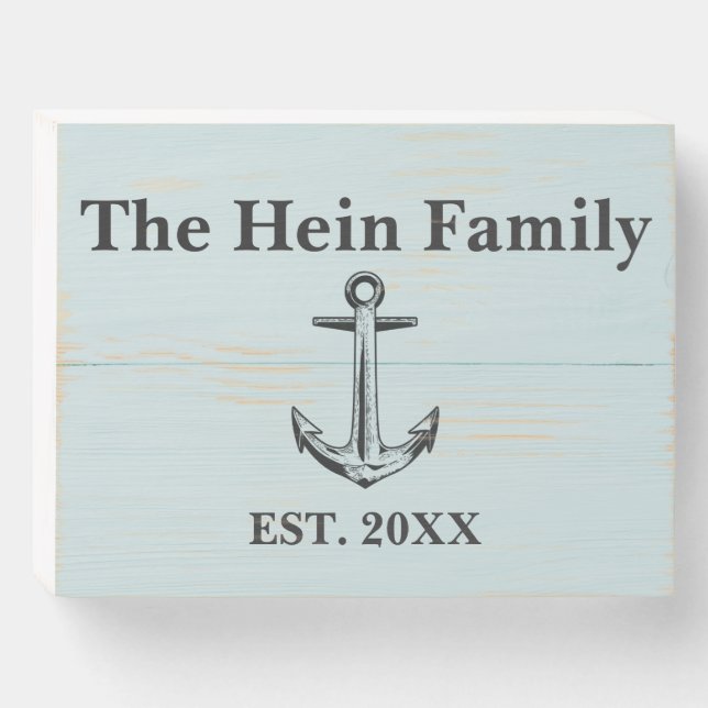 Wide Plank Nautical Family Name Blue Monogram Wooden Box Sign (Front Horizontal)