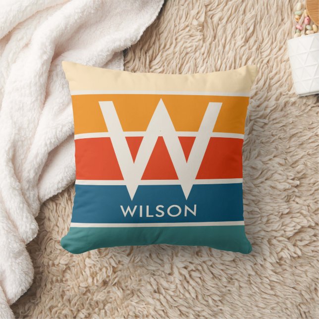 Wide Retro Stripe Monogram  Throw Pillow (Blanket)