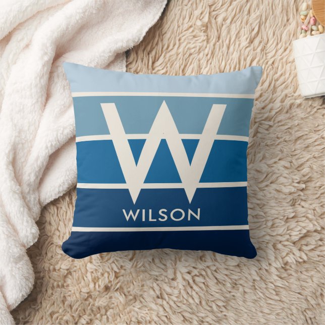 Wide Rich Blue Gradient Stripe Monogram  Throw Pillow (Blanket)