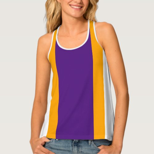 Wide Royal Purple Yellow Racing Stripes On White Tank Top