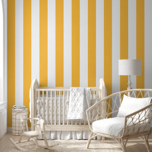 Wide Saffron Mango, Butterscotch and White Stripes Wallpaper