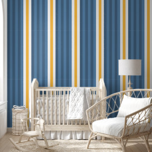 Wide Saffron Mango, Dusty Blue and White Stripes Wallpaper