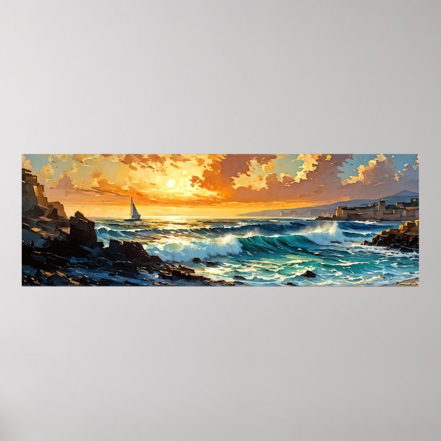 Wide Seascape Mediterranean Golden Sunset Poster (Front)
