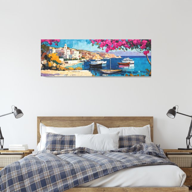 Wide Seascape Mediterranean Tranquil Harbour Canvas Print (Insitu(Bedroom))