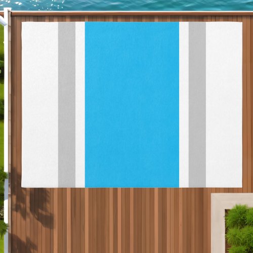 Wide Sky Blue Light Gray Racing Stripes On White Outdoor Rug