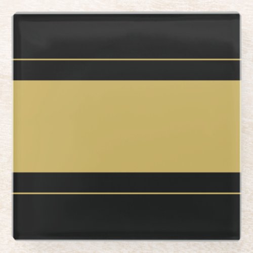 Wide Sporty Matte Gold Racing Stripes On Black Glass Coaster