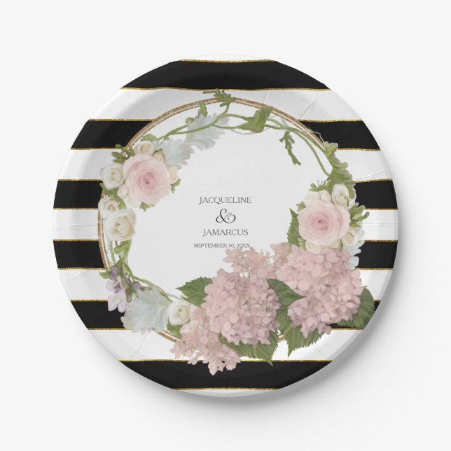 Wide Striped Hydrangea Floral Wreath Hand Painted Paper Plates (Front)