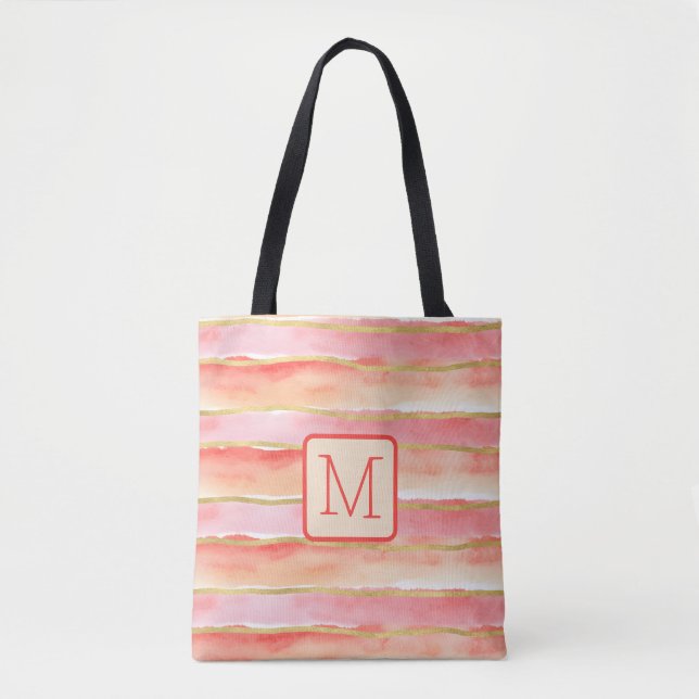 Wide Stripes Tangerine Color Block Monogram Tote Bag (Front)