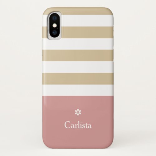 Wide Tan Horizontal Stripes Pink Name and Daisy iPhone X Case