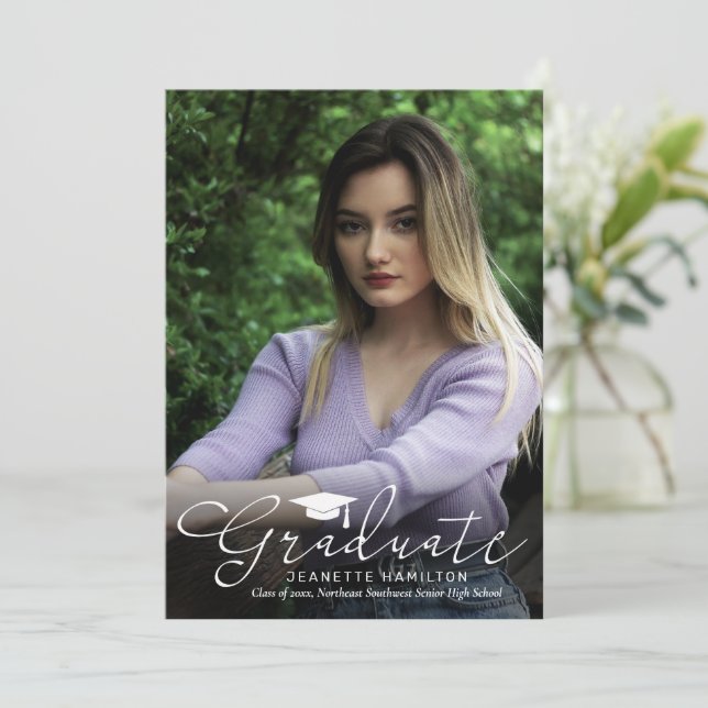 Wide Typography Script Front/Back Photo Graduation Invitation (Standing Front)