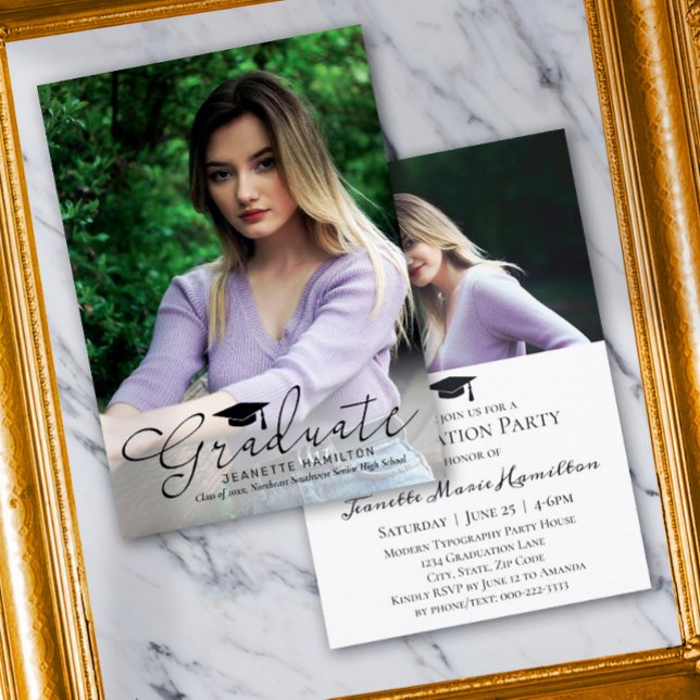 Wide Typography Script Front/Back Photo Graduation Invitation (Creator Uploaded)