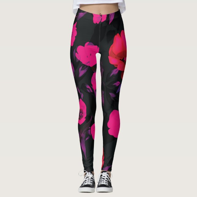 Wide vintage floral, stylized tulips pattern. leggings (Front)