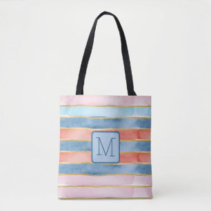 Wide Watercolor Stripes Blues Color Block Monogram Tote Bag