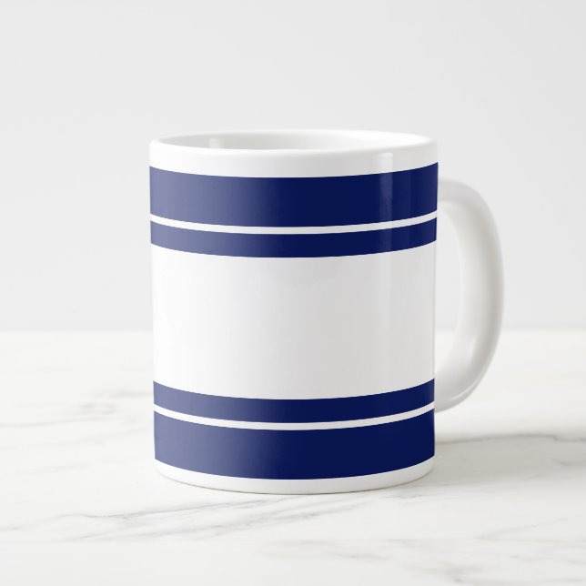 Wide White Nautical Racing Stripes On Navy Blue Giant Coffee Mug (Front Right)