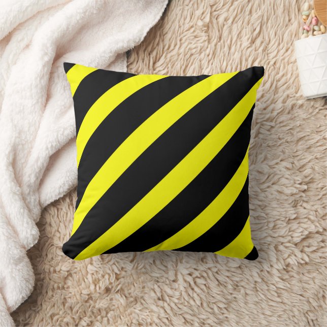 Wide Yellow and Black Diagonal Stripes Pattern Throw Pillow (Blanket)