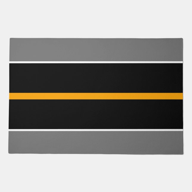 Wide Yellow Black White Racing Stripes On Gray Doormat (Front)