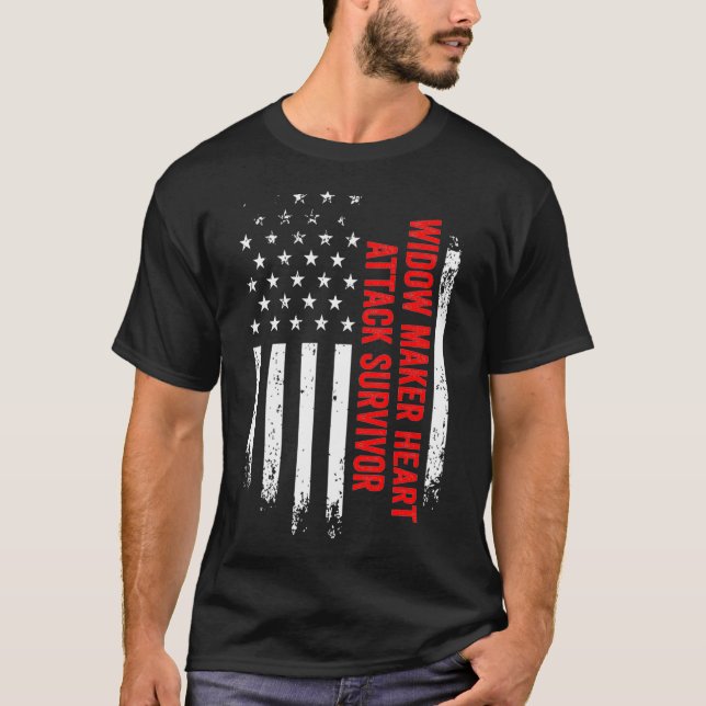 Widow Maker Heart Attack Survivor American Flag Re T-Shirt (Front)