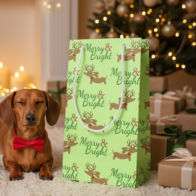 Wiener Dog Christmas Gift Bag Merry & Bright (Dachshund Christmas Merry & Bright Reindeer dachshunds dancing about)