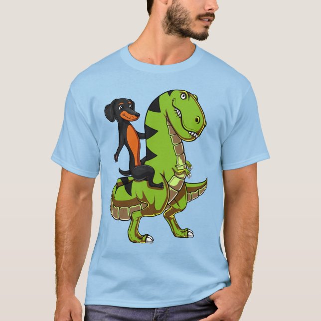 Wiener Dog Dachshund Riding T-Rex Dinosaur T-Shirt (Front)