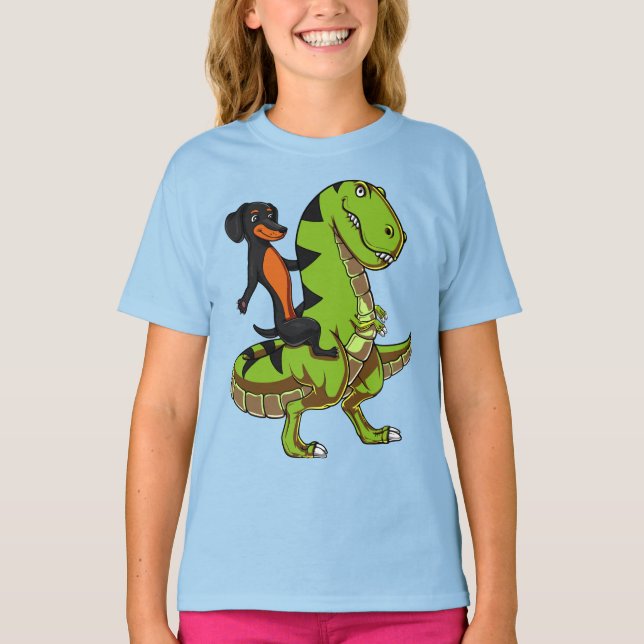 Wiener Dog Dachshund Riding T-Rex Dinosaur T-Shirt (Front)