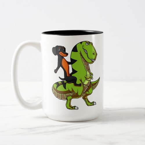 Wiener Dog Dachshund Riding T_Rex Dinosaur Two_Tone Coffee Mug