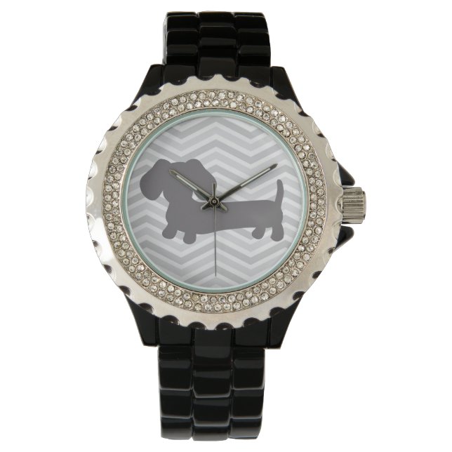 Wiener Dog Watch Trendy Gray Chevrons (Front)